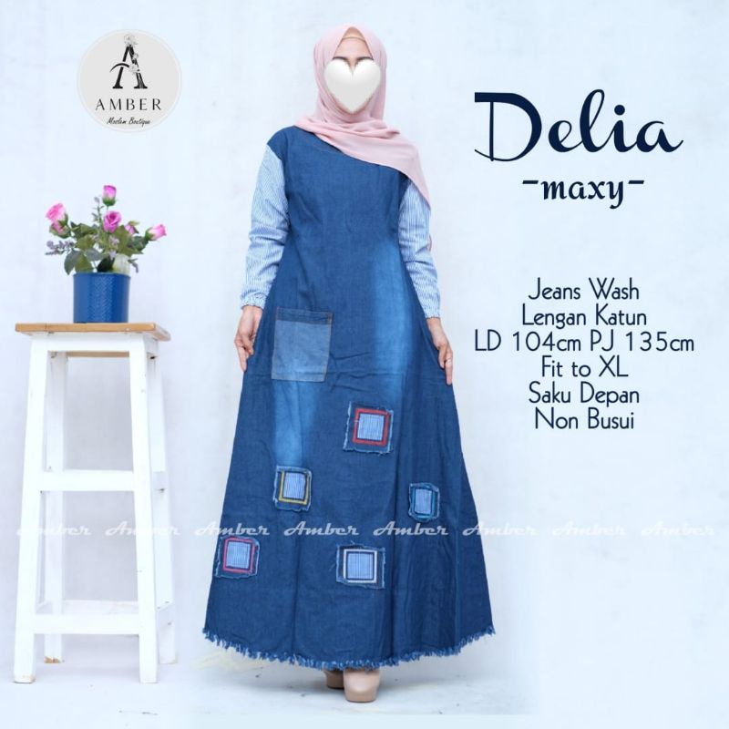 Delia Maxy Dress Gamis Wanita Terbaru Bahan Jeans Washed Denim Mix Cotton