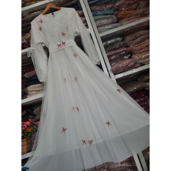 GAMIS CERUTY BURKAT|| TILLE BUTTERFLY|| GAMIS PESTA||FASHION WANITA,BAJU GAMIS MEWAH,GAMIS TERBARU 2021,GAMISKEKINIAN,PAKAIAN WANITA,PAKAIAN TERMURAH BARU-putih