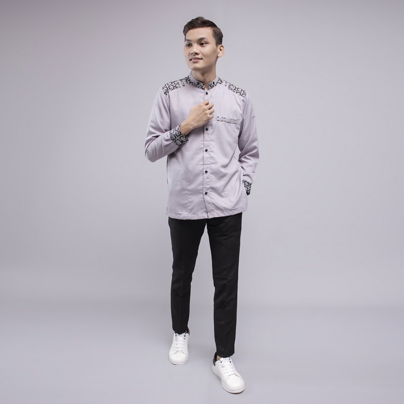 Baju Koko Original Elrumi Motif Adidas Batik Warna Abu Lengan Panjang