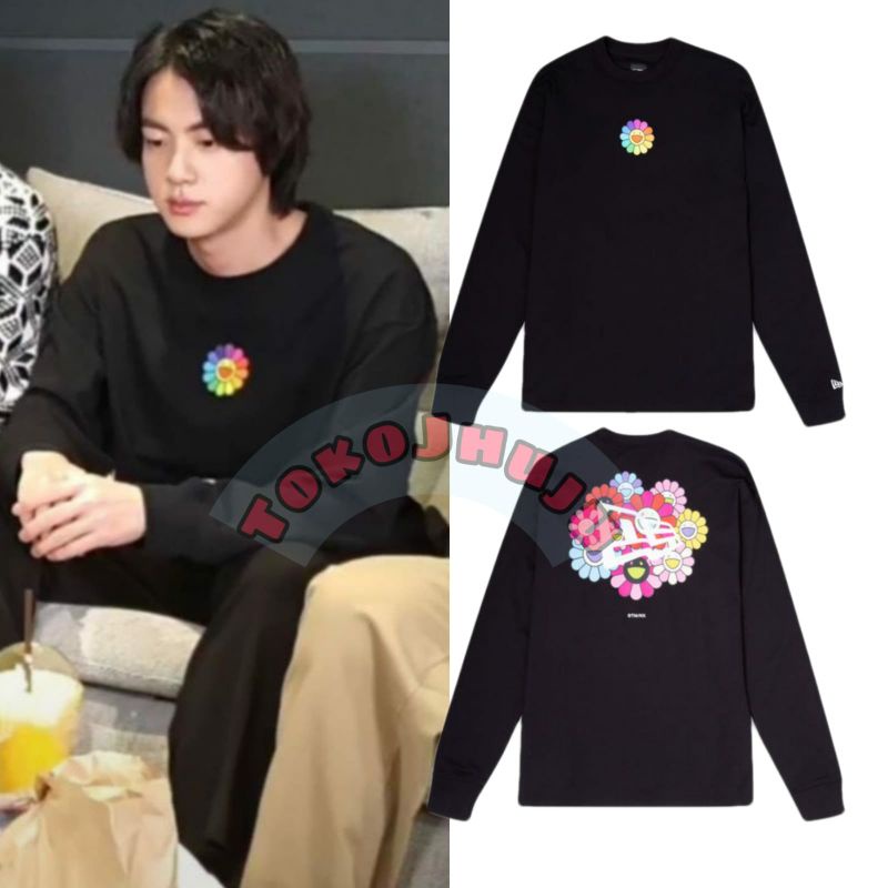 Baju Kaos BTS Jin style SMILE BIG FLOWER PRINT DTF depan belakang