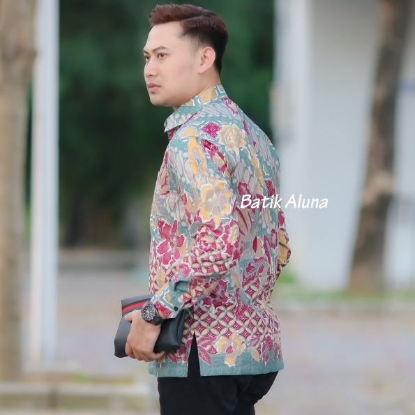 Kemeja Batik Pria Lengan Panjang Modern Premium keraton Solo Original Baju Seragam Batik Kekinian Sutra Pria Slim Fit Berkwalitas Jumbo Mega Mendung Dewasa Untuk Kondangan Pria Lengan Panjang BATIK ALUNA PL 120