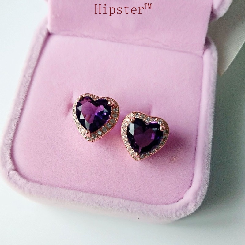 Fashion Special-Interest Retro Temperament Heart-Shaped Purple Crystal Stud Earrings