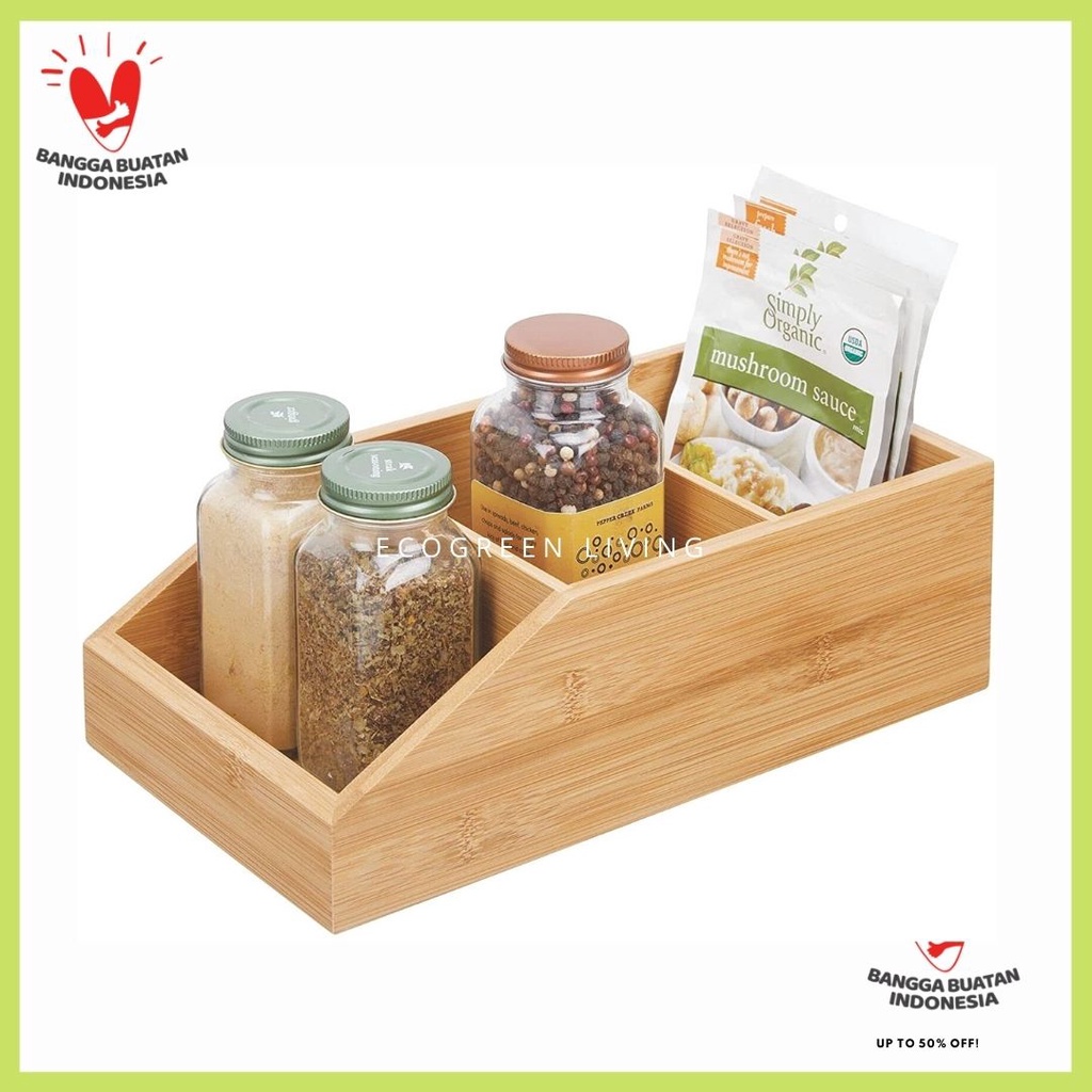 Wood Food Storage Bin with Divided 3 Compartments and Sloped Front for Kitchen Cabinet CODE W-012