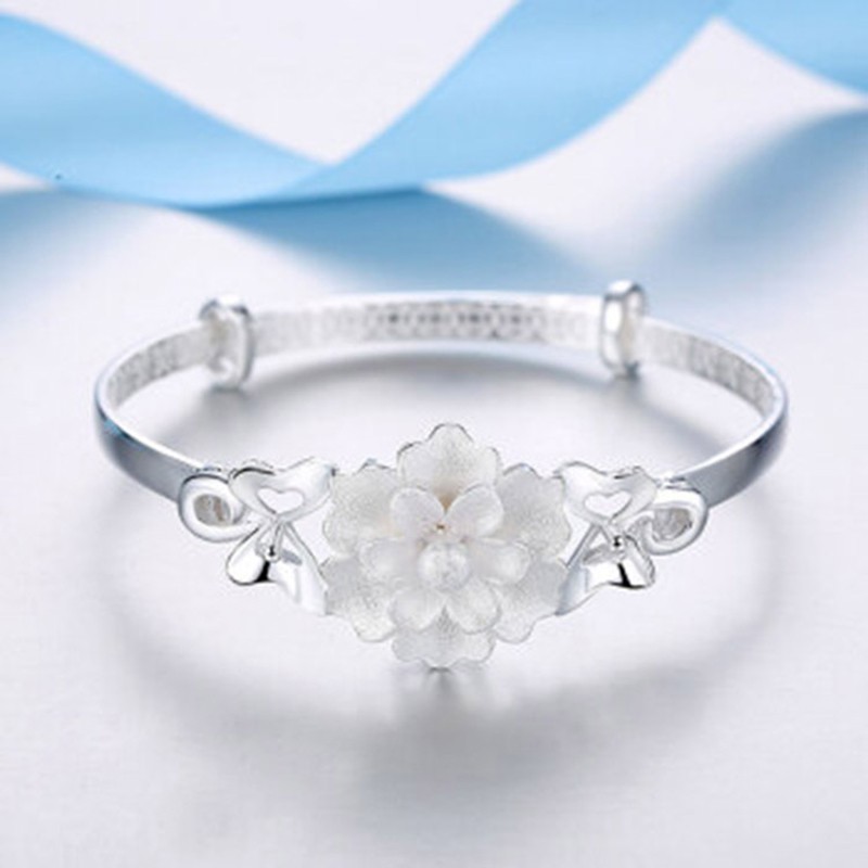 Gelang perak sterling 925 untuk bunga wanita perhiasan fesyen gelang tekan-tarik