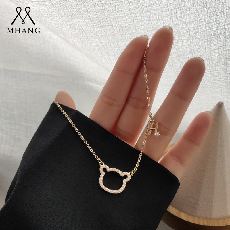 Kalung Rantai Dengan Liontin Bentuk Kucing / Beruang / Huruf H Warna Emas