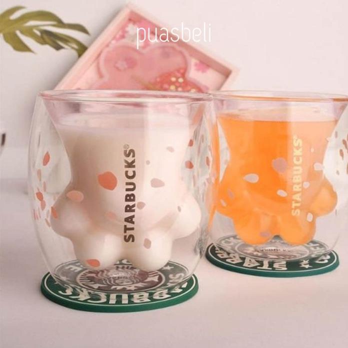 Mug Gelas - Starbucks Gelas Sakura Cat Paw Glass Cup Mug Kopi Double Wall Thermal