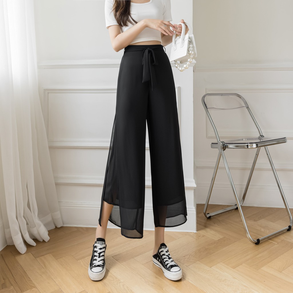 【Blossom】Korean Tie Front Cropped Solid Wide Leg Pants 7257