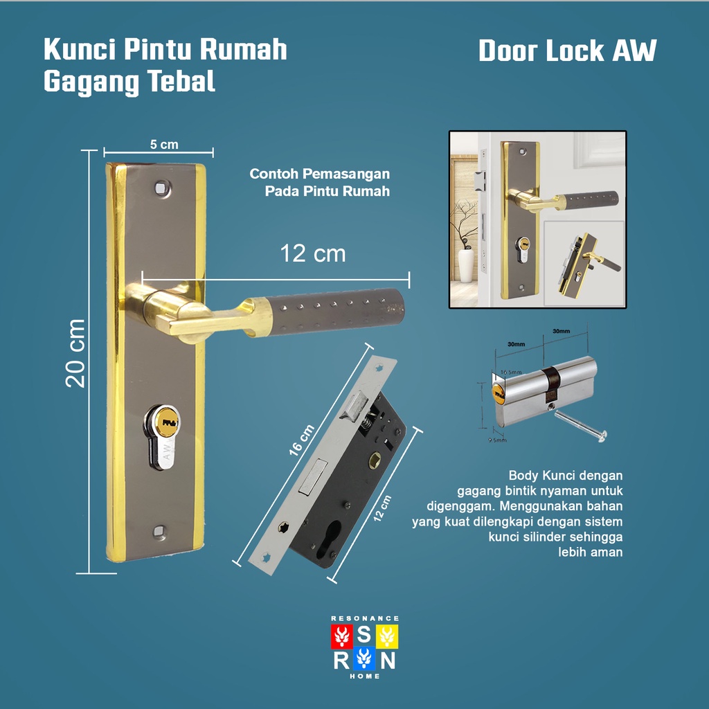 Set Gagang Kunci Pintu Rumah Tanggung 25CM Bahan Stainless Tebal Resonance Home