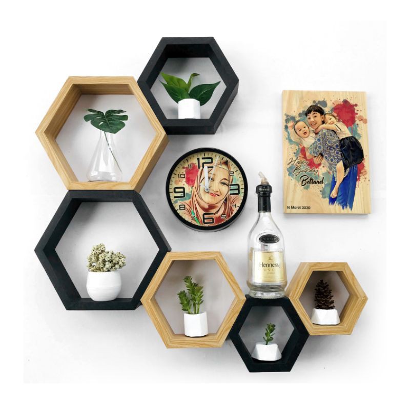Hiasan dinding • Rak Hexagonal • Segi Enam Minimalis • Rak Dinding Kayu Hiasan Rumah Kantor Modern T