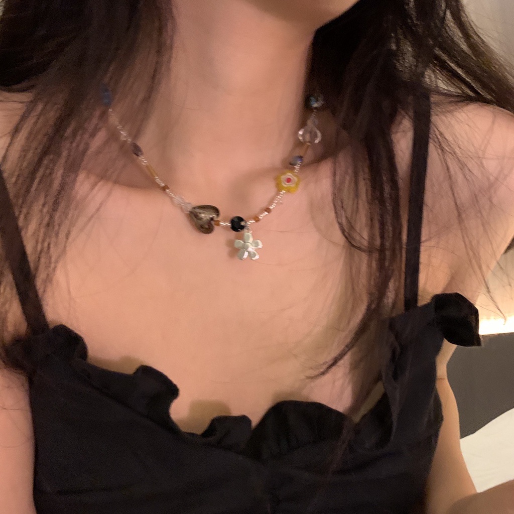 Kalung Manik-Manik Kristal Bentuk Hati Dan Bunga Warna Silver Gaya Punk