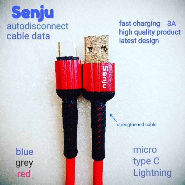 Cable data type USB C autodisconnect SENJU 3A fast charging power off high quality