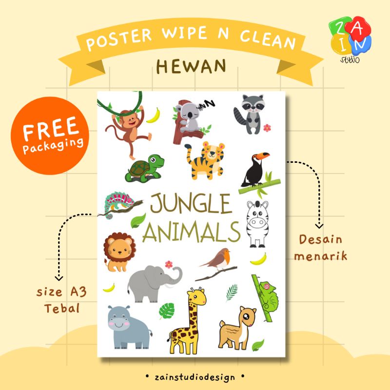 POSTER ANAK - POSTER BELAJAR EDUKASI TK PAUD NAMA HEWAN SERI 1