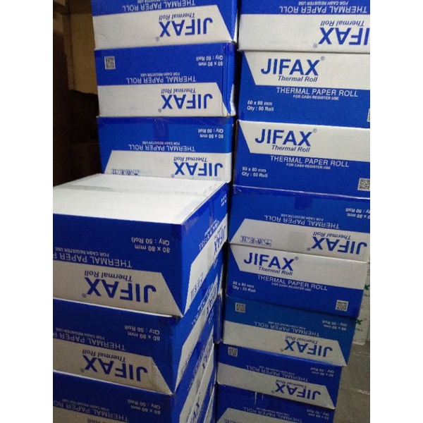 

thermal roll kertas thermal merek Jifax ukuran 80mm x 80mm hasil cetak hitam 1dus = 50roll
