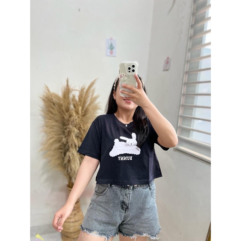 CROP HITAM MOTIF ONECK COTTON OVERSIZE | BAJU KAOS TUMBLR CROP TEE TSHIRT KAOS KOREA FASHION WANITA