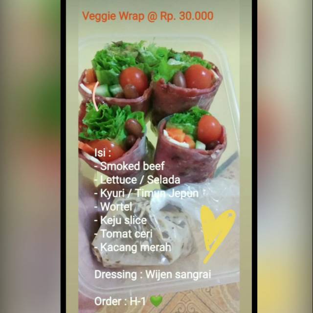 

Salad gulung / Veggie Wrap.. 1 box isi 2 (dibelah 2 jadi 4)