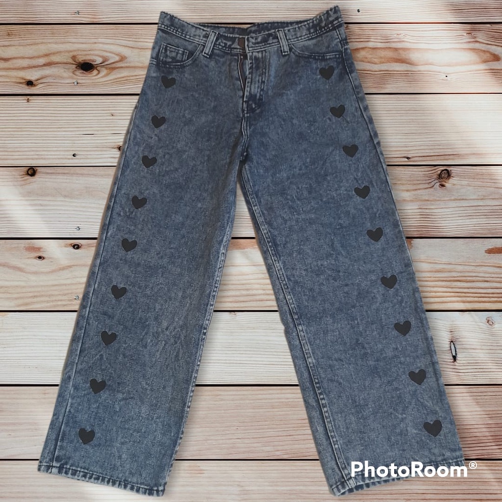 Kulot Jeans Love Denim Boyfriend Wanita Korean Kekinian Modern Bordir Love