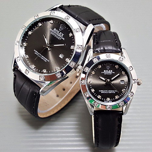 Jam Tangan Rolex Couple Leather Full Black Harga Sepasang