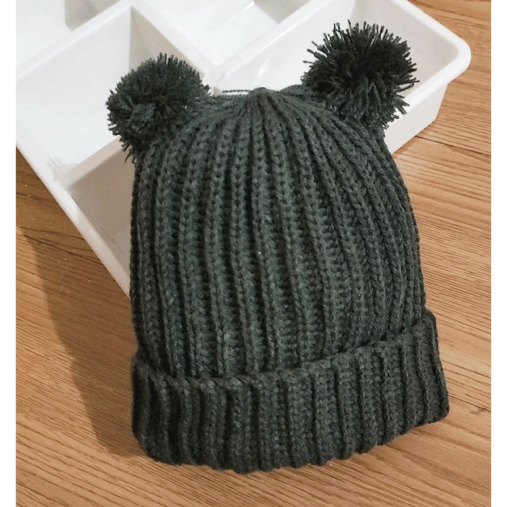 Klik Mds Topi Bayi Laki-Laki Perempuan Motif Kupluk Pompom / Topi Anak Bayi Usia 0-12 Bulan-POMPOM ABU TUA