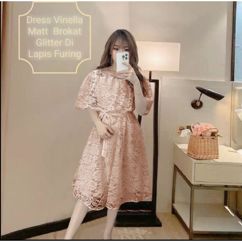 Dress Wanita Midi Kekinian Matt Brokat Glitter Murah Berkualitas/Dress Vinella Size L-XL/Dress Natal Wanita Remaja Kekinian Viral