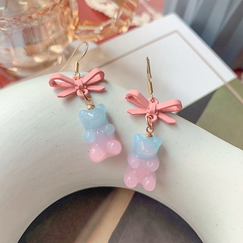 Buatan tangan ~ warna gradien bear anting-anting pink biru lembut gadis gaya Jepang kotak-kotak busu