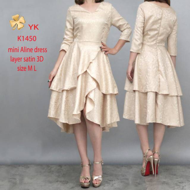 Osdress 1450 mini dress aline layer 3D import premium dress cream golld pesta kondangan