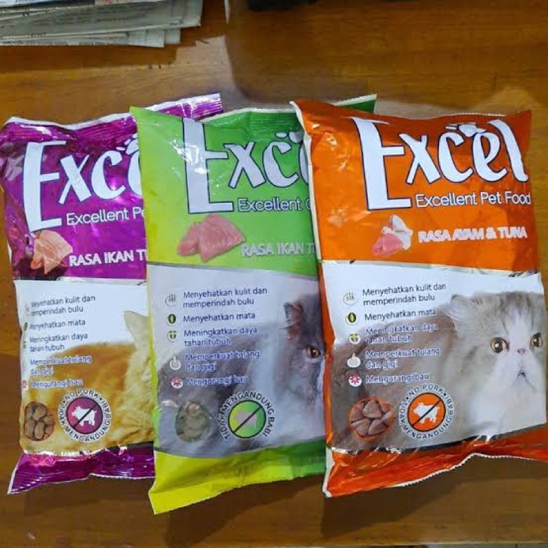 Makanan kucing excel ayam ikan tuna 500 gr bentuk ikan donat segitiga 500gr