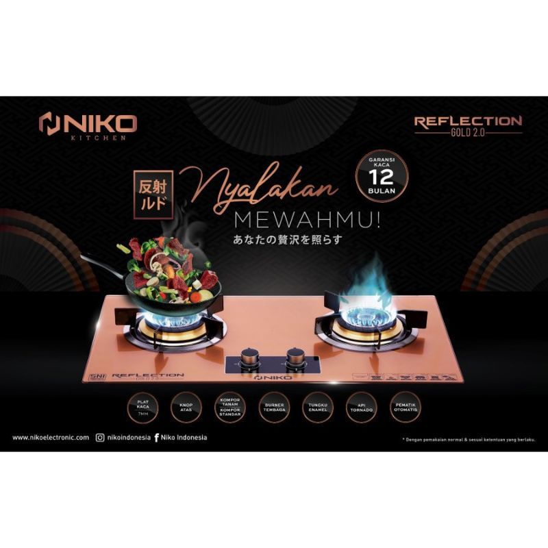 NIKO RG 20T  /  3 Tungku  REFLECTION GOLD  BLACK Kompor Gas Kaca  2 Tungku