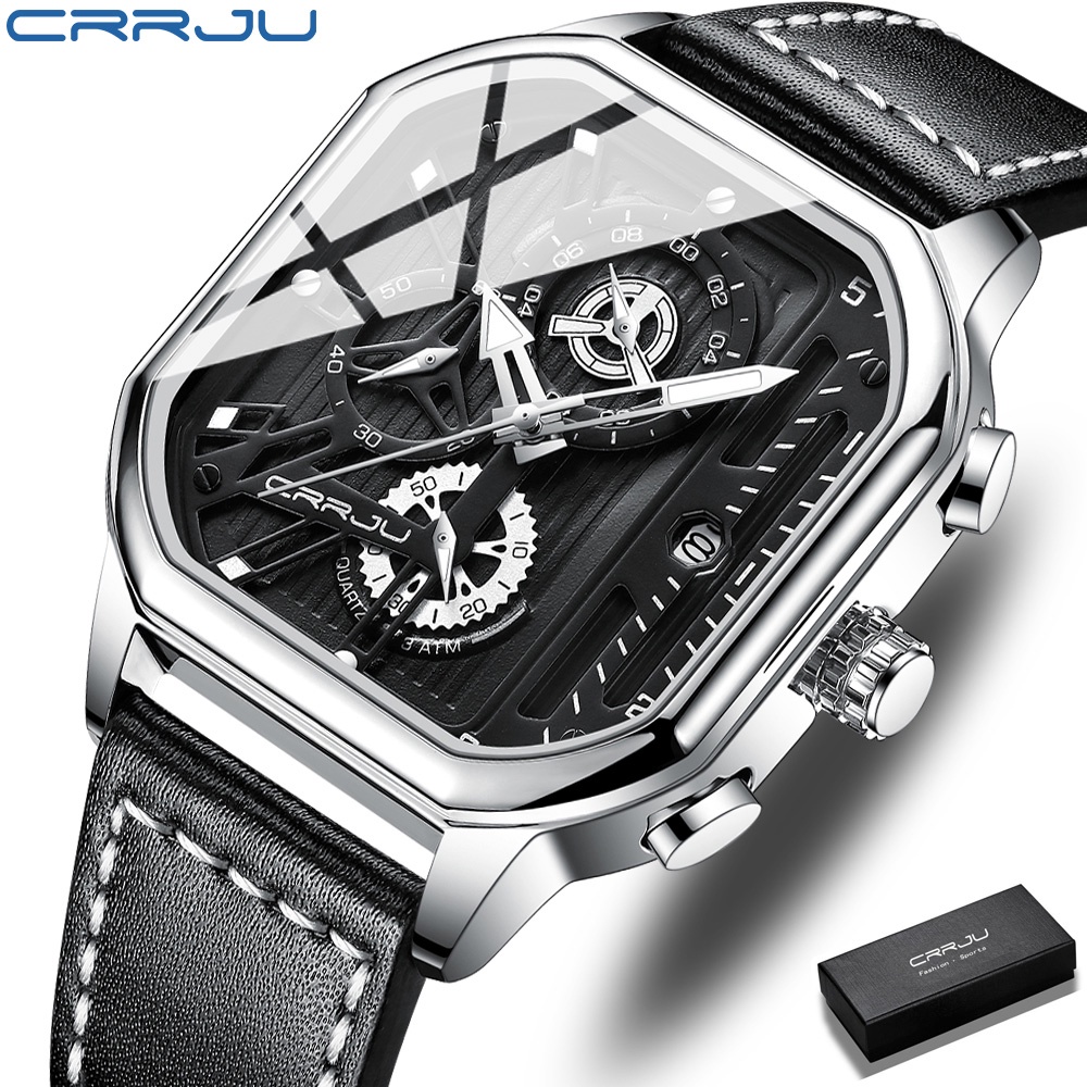 Jam Tangan Pria CRRJU Kasual Vintage Merek Asli Desain Persegi Kulit Fashion Militer Olahraga Kuarsa