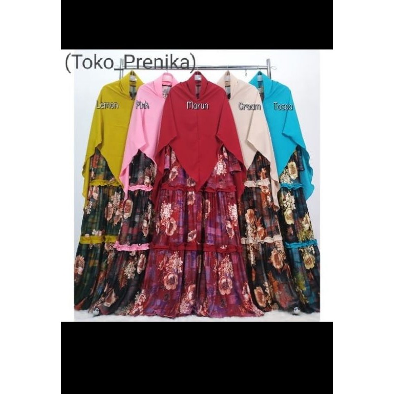 (Toko-prenika Madiun) Gamis murah motif bunga rempel susun 3 LD 100~110 cm