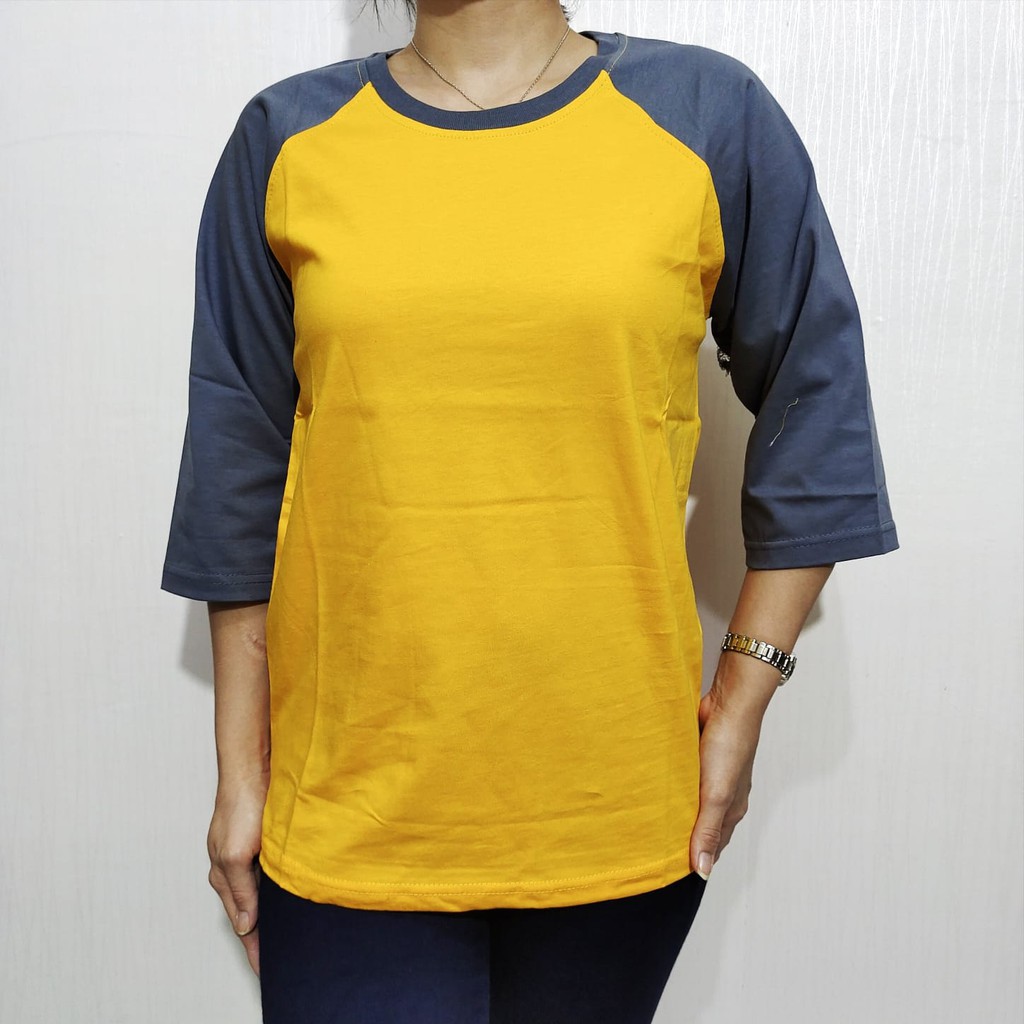 Kaos polos reglan kuning lengan abu tua 3/4 M L XL XXL