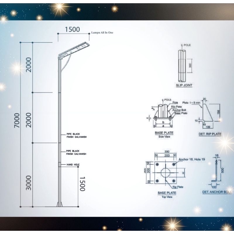 Tiang PJU all in one 7meter oktagonal HDG plus baut angkur