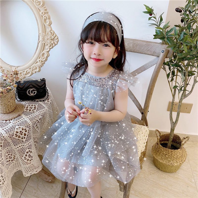 Dress Pesta Anak Perempuan Warna Grey Motif Layer Glitter