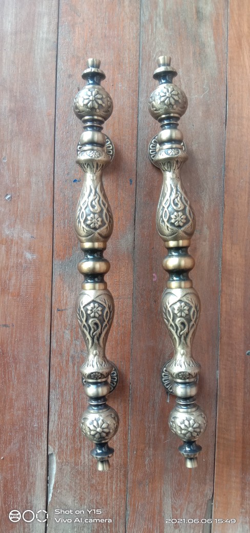 2 Pcs Handle Pintu Kuningan Ukir Antik Gold
