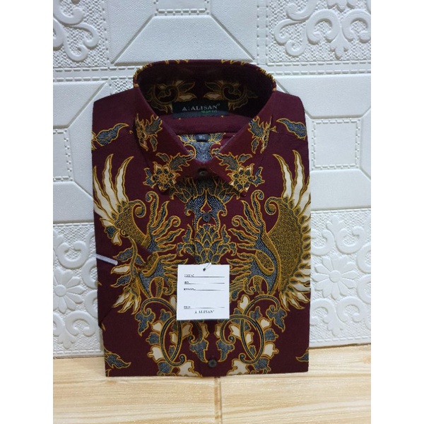 Kemeja Batik Alisan Merah Marun Slimfit Tangan Pendek size 14.5