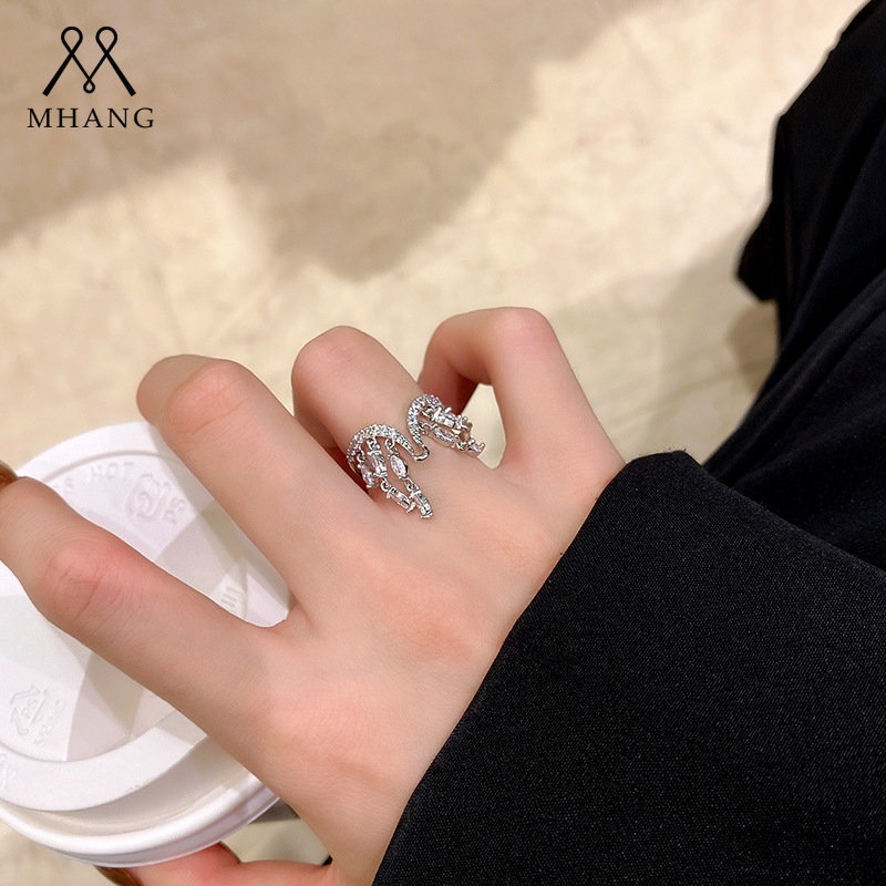 Cincin Model Terbuka Hias Zircon + Berlian Gaya Korea / Mewah Adjustable Untuk Wanita