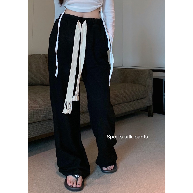Celana Panjang Sweat Hitam Wanita Celana Olahraga Loose Highwaist Celana Jogger Tanpa Karet Casual Korean Style