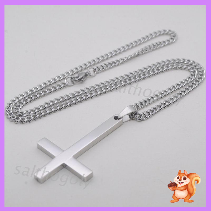 Kalung Rantai Dengan Liontin Salib Terbalik Bahan Stainless Steel