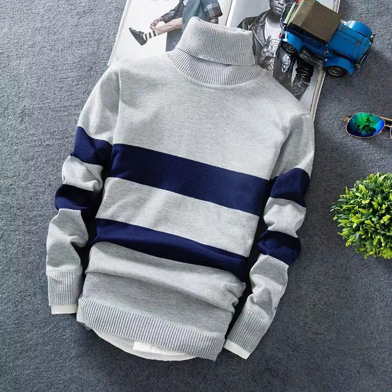 Sweater Rajut Kerah Tinggi Strip Pria High Quality 4 warna