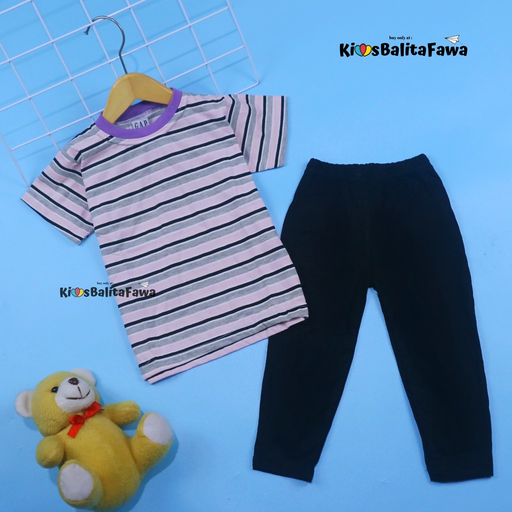 Setelan Amel uk 1-2 Tahun / Set Legging Pants Kaos Salur Celana Panjang Baju Anak Perempuan Adem