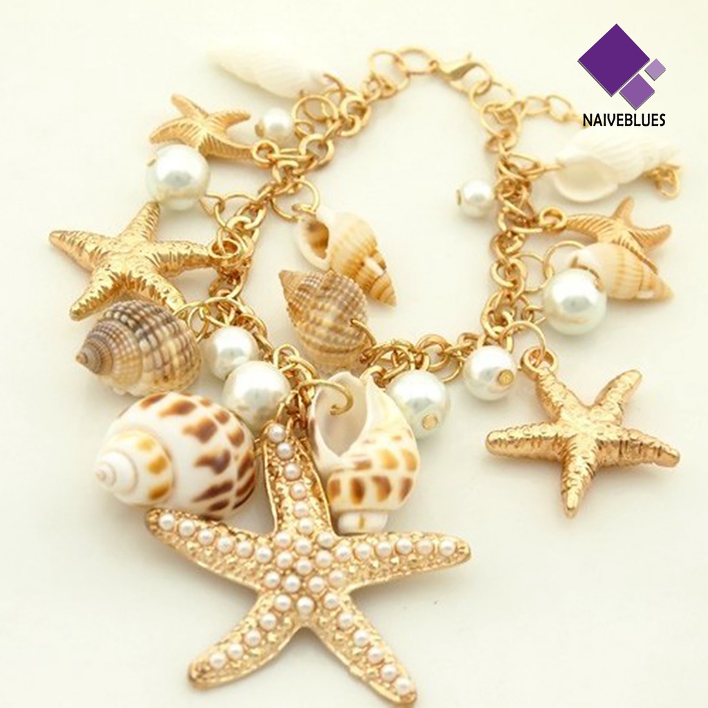 Naiveblue &gt; Gelang Tangan Rantai Adjustable Motif Laut Warna Gold Untuk Wanita / Pantai