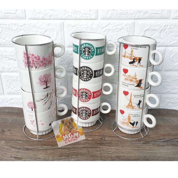 Keramik mug susun 4 BESAR dengan Rak Stainless 8CM - Mug tumpuk motif