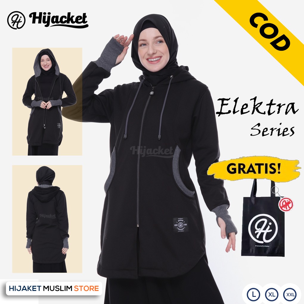 Jaket Wanita Hijacket Elektra Original Hijab Muslimah Pakaian Wanita Syari Trendy-BLACK