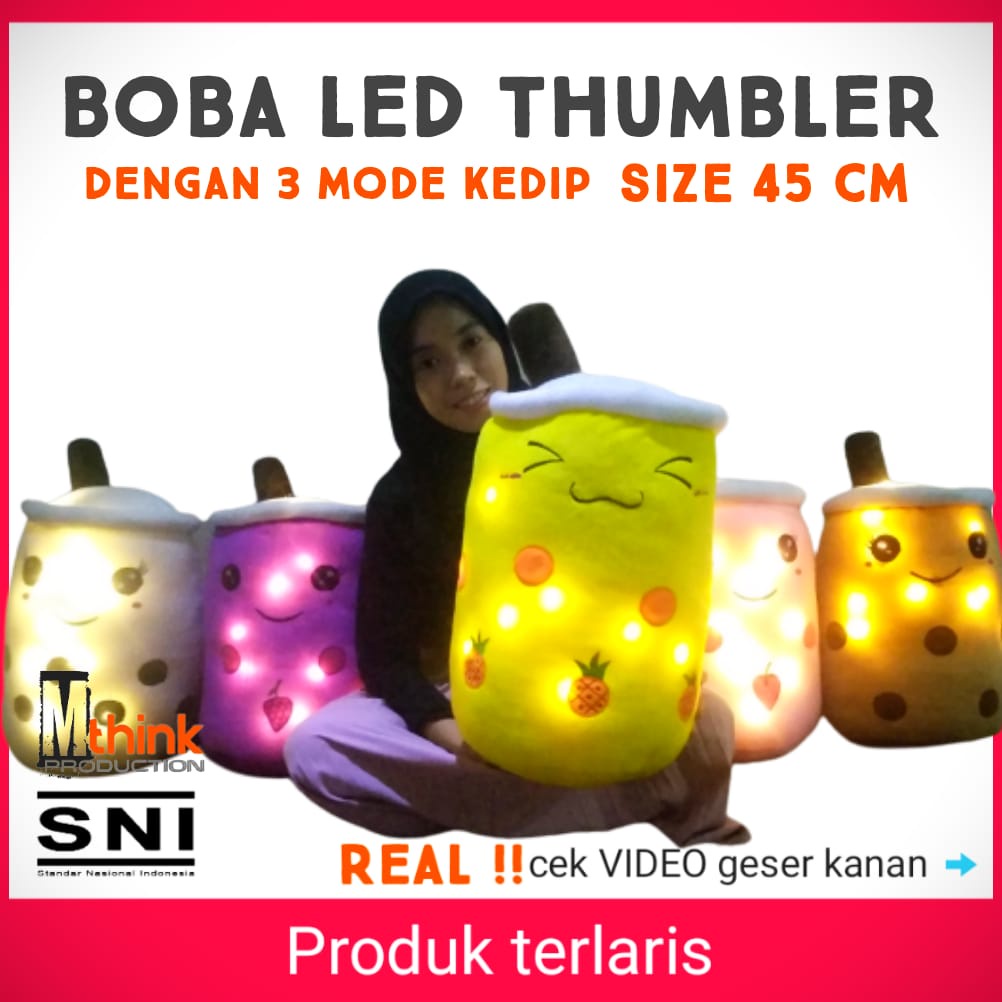 Boneka bantal boba thumbler lampu led nyala / boba milk sugar tea jumbo kain halus isi empuk origina