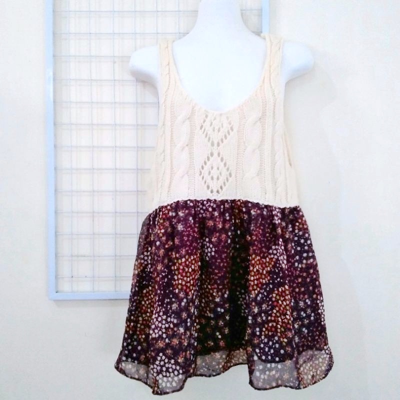 DRESS BOHEMIAN RAJUT MIX CHIFFON OUTER KNIT TANPA LENGAN SKU 1742