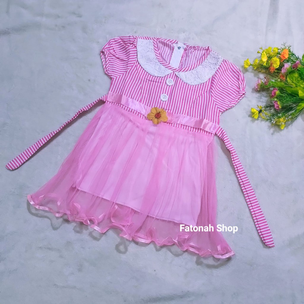 Dress anak 1 2 tahun gaun anak kerah tutu baju anak cewek perempuan muarh ( dress strip tutuKERAHPUTIH)