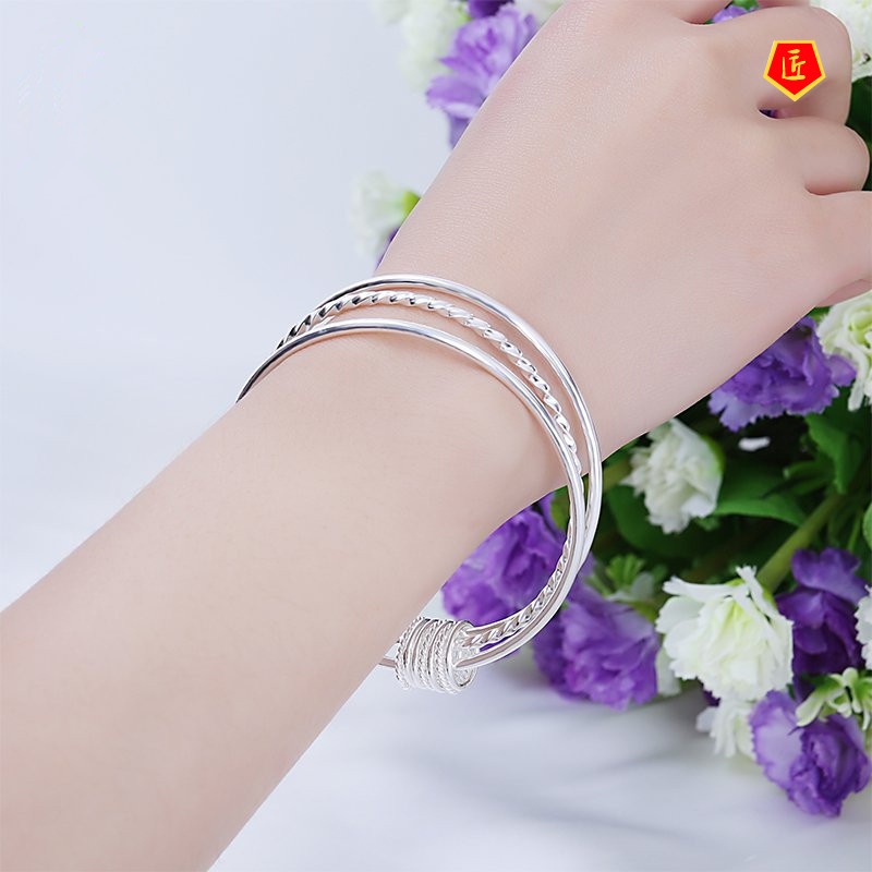 [Ready Stock]Glossy Twist Three-Ring Closed Silver Bracelet