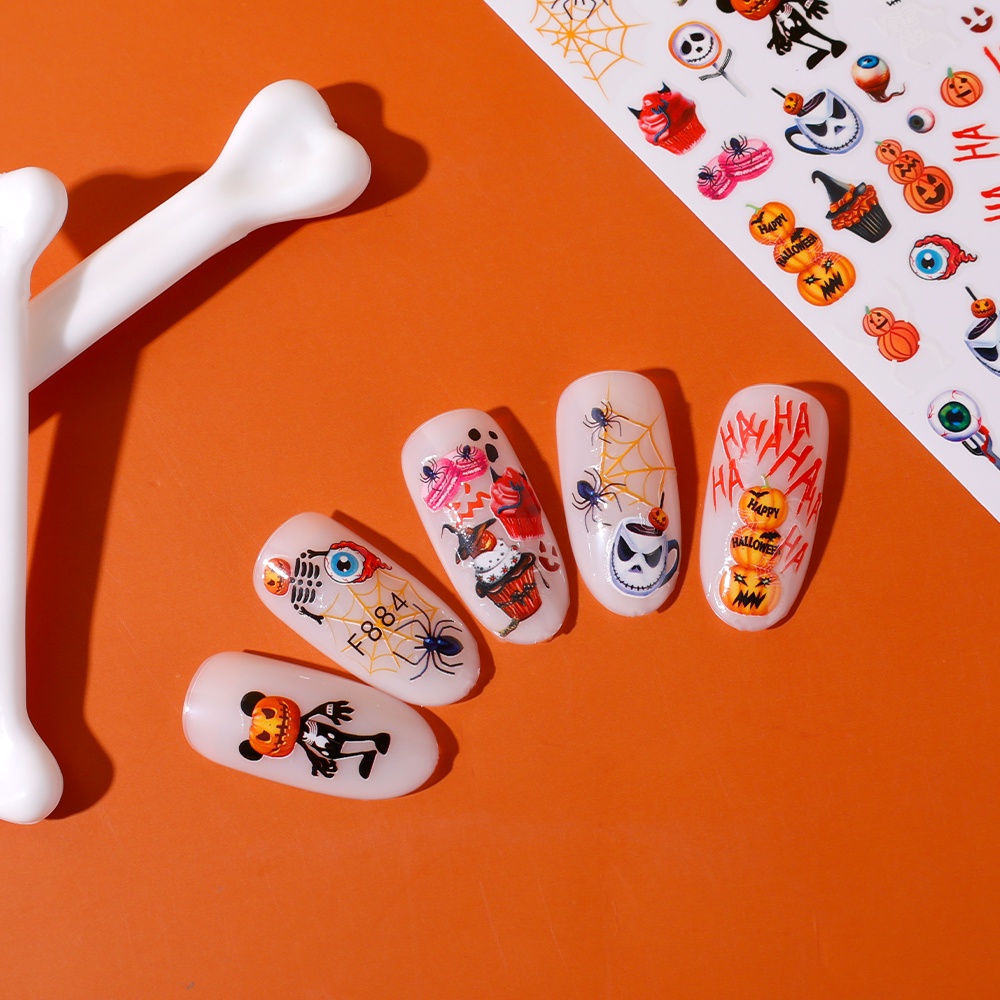 Stiker Kuku 3D Desain Kartun Tengkorak Labu Halloween Untuk Dekorasi Nail Art