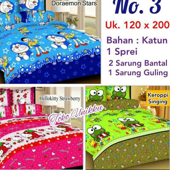 Î New Stock >>>> Sprei Sprai Seprai No 3 Single Ukuran 120x200 Karakter Keroppi Doraemon Hellokitty 