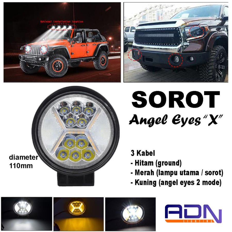 LAMPU SOROT Tembak Foglamp Bulat Type X + Angel eyes 3 kabel Adn