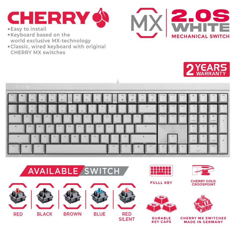 Keyboard gaming mechanical cherry wired usb 2.0 full size 109 keys white mx 2.0s mx2.0s 2.0 s nbl